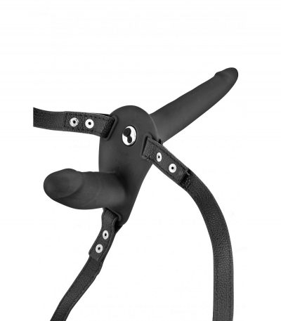 DOUBLE BLACK SILICONE STRAP-ON HARNESS USB VIBRATOR 15"5 CM - Imagen 2