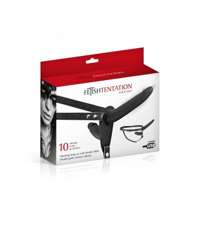 DOUBLE BLACK SILICONE STRAP-ON HARNESS USB VIBRATOR 15"5 CM - Imagen 3