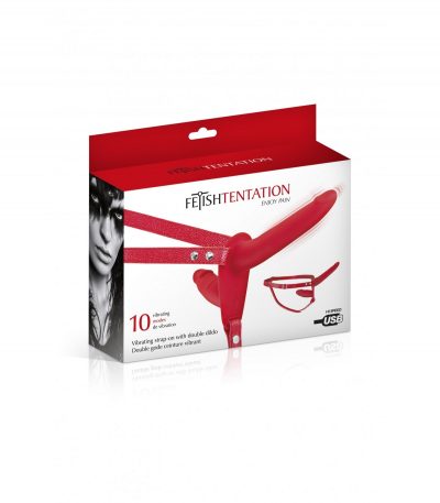 DOUBLE RED SILICONE STRAP-ON HARNESS USB VIBRATOR 15"5 CM - Imagen 2