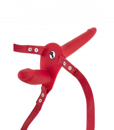 DOUBLE RED SILICONE STRAP-ON HARNESS USB VIBRATOR 15"5 CM - Imagen 3