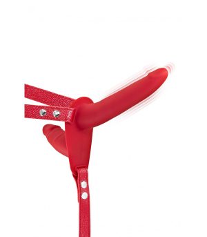 DOUBLE RED SILICONE STRAP-ON HARNESS USB VIBRATOR 15"5 CM