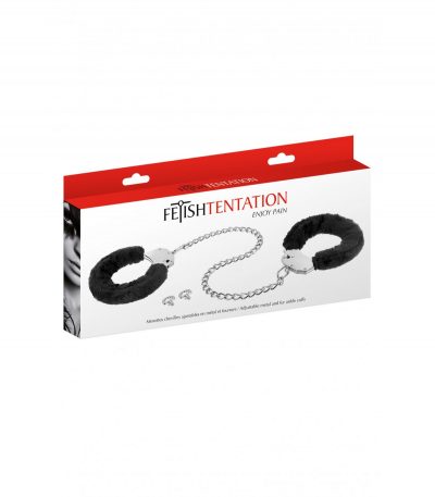 BLACK PLUSH HANDCUFFS WITH LONG CHAIN - Imagen 2